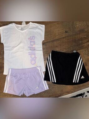 adidas White Tee with Lavender Shorts and Black Skort
